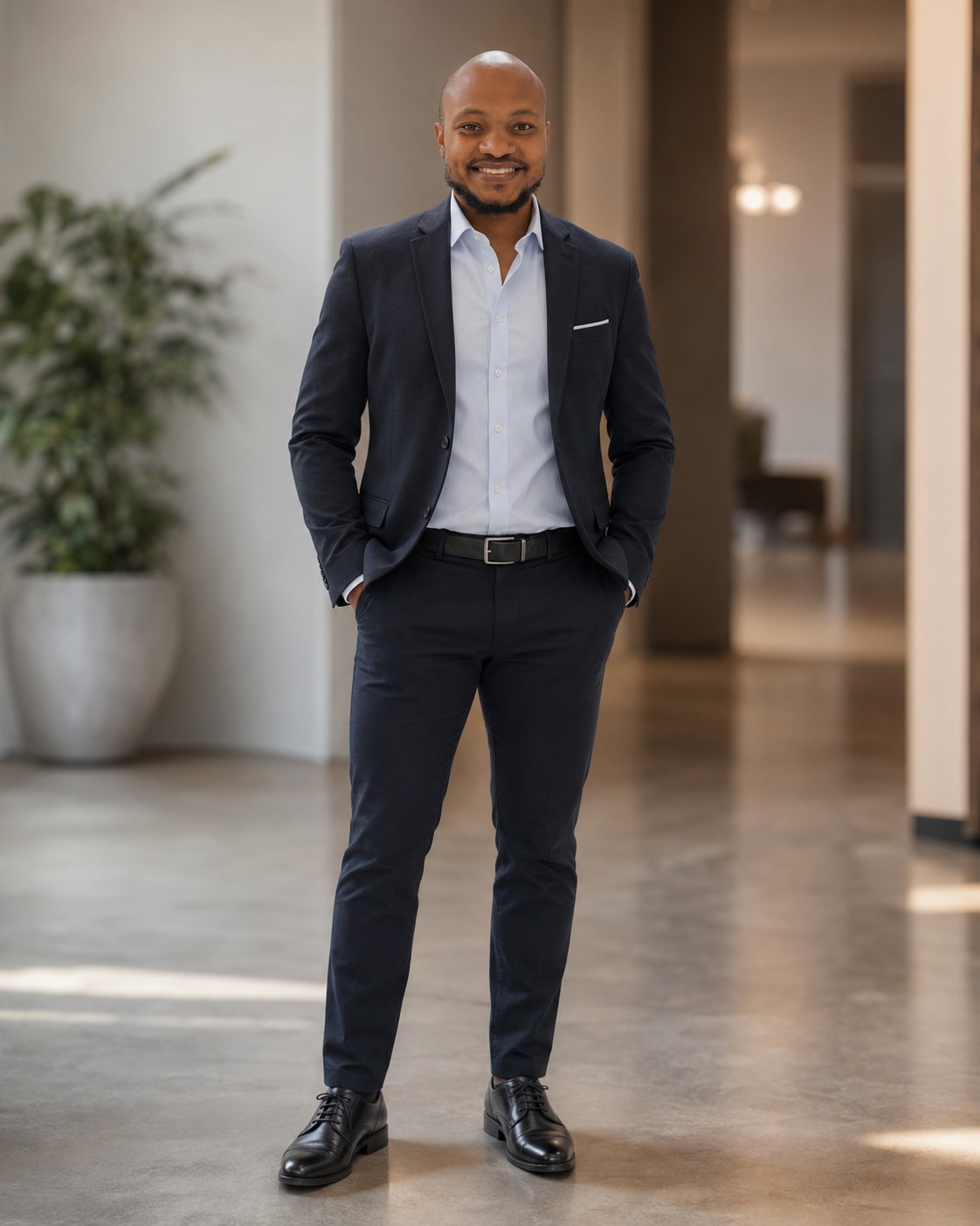 Joel Polley in a navy blazer and open collar shirt
