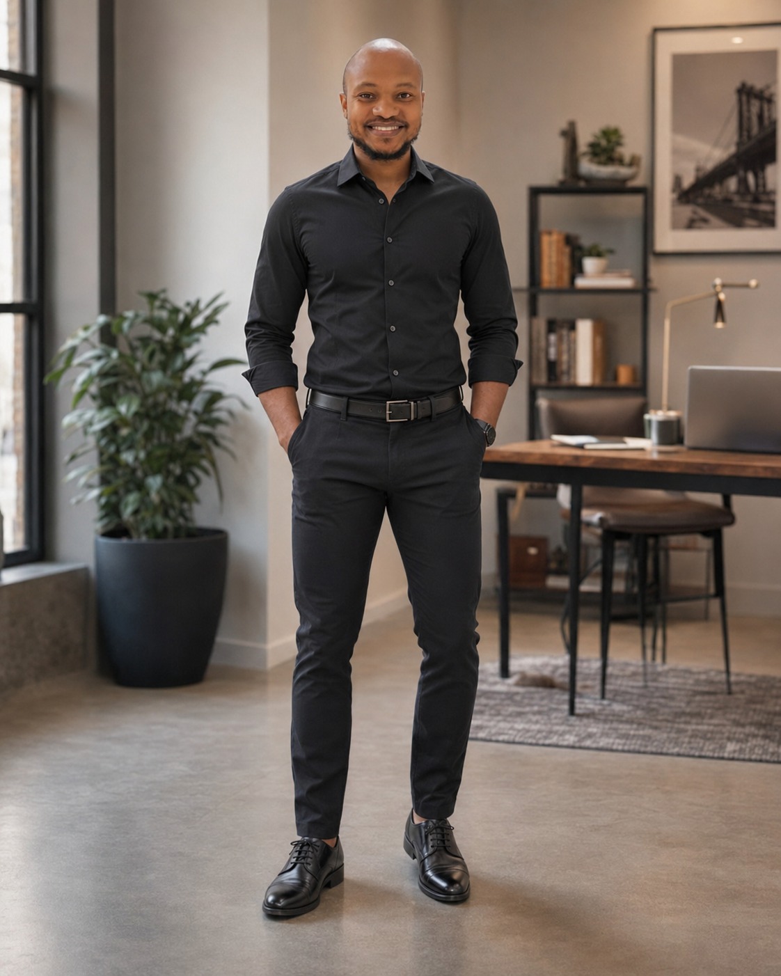 Joel Polley in a black shirt standing in his studio office