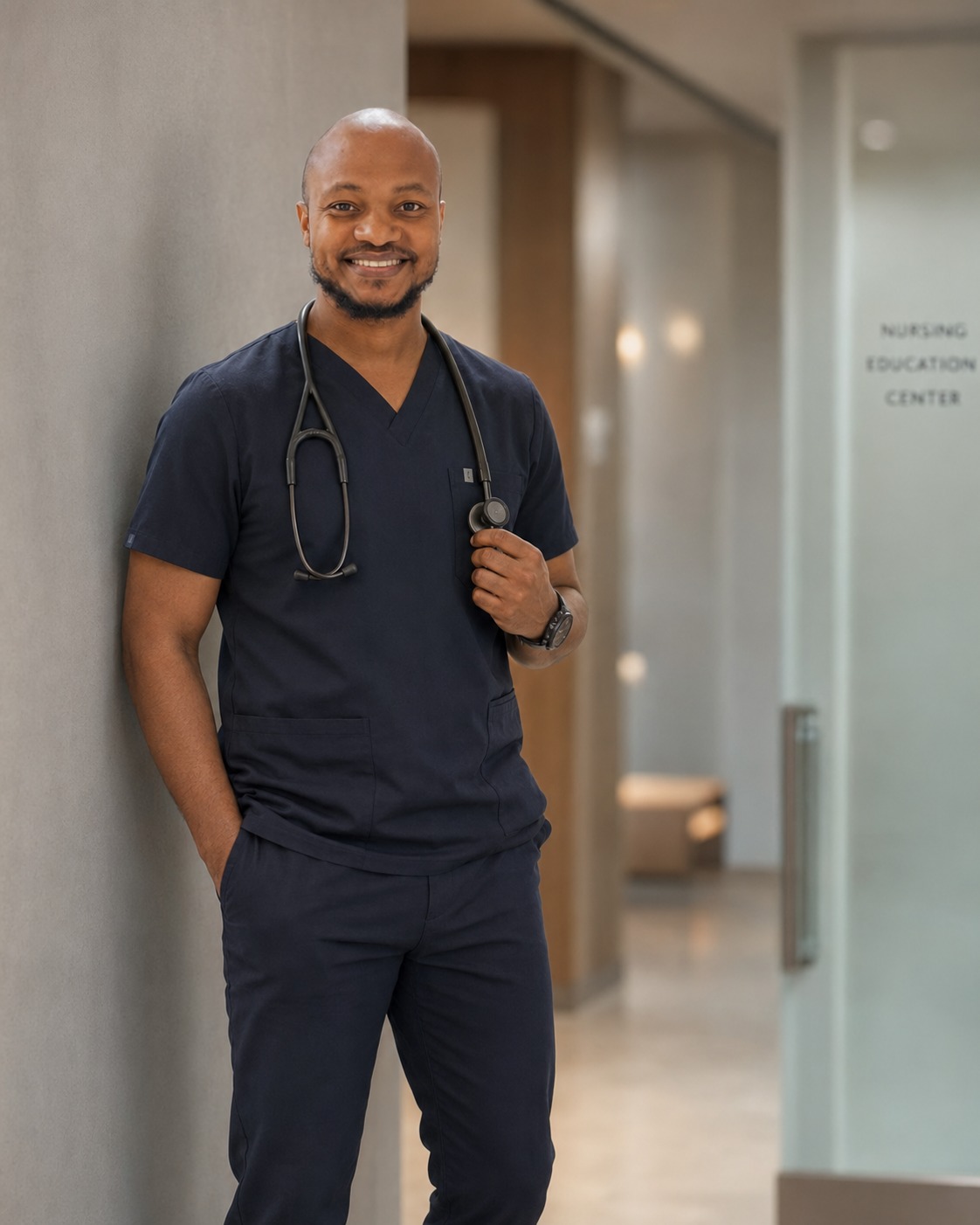 Joel Polley, RN, in navy scrubs with a stethoscope outside a nursing education center