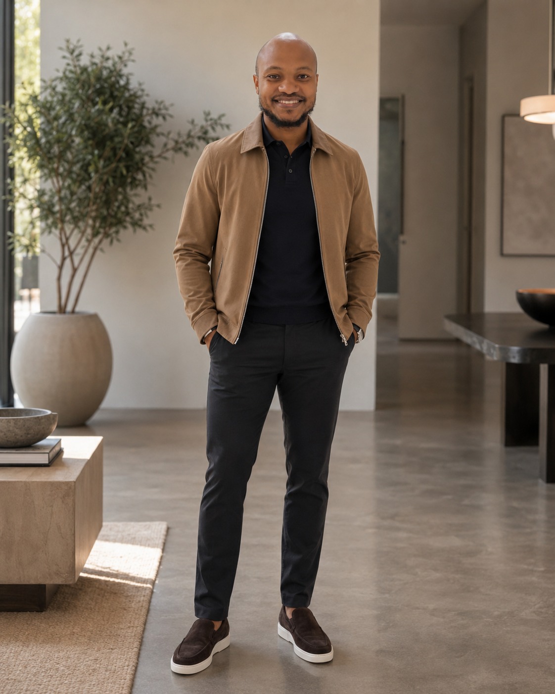 Joel Polley in a tan jacket, relaxed and ready to work