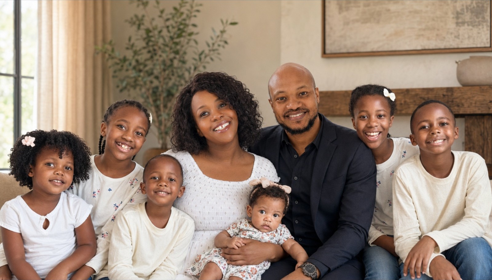 Joel and Annie Polley with their six children at home